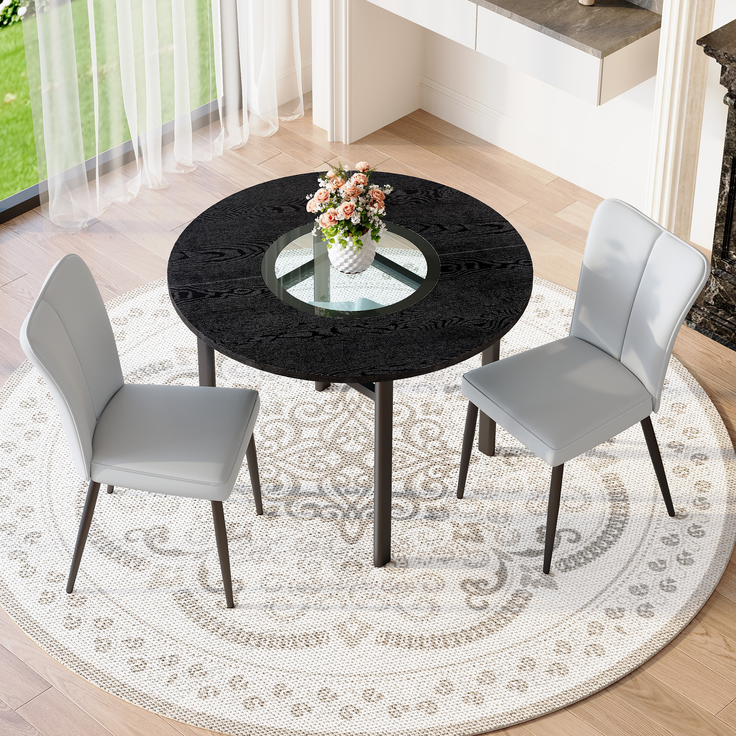 Esstisch-Set 76x100x100 cm in Schwarz mit Glasintarsie und 2 Essstühlen in Hellgrau – Bild 4