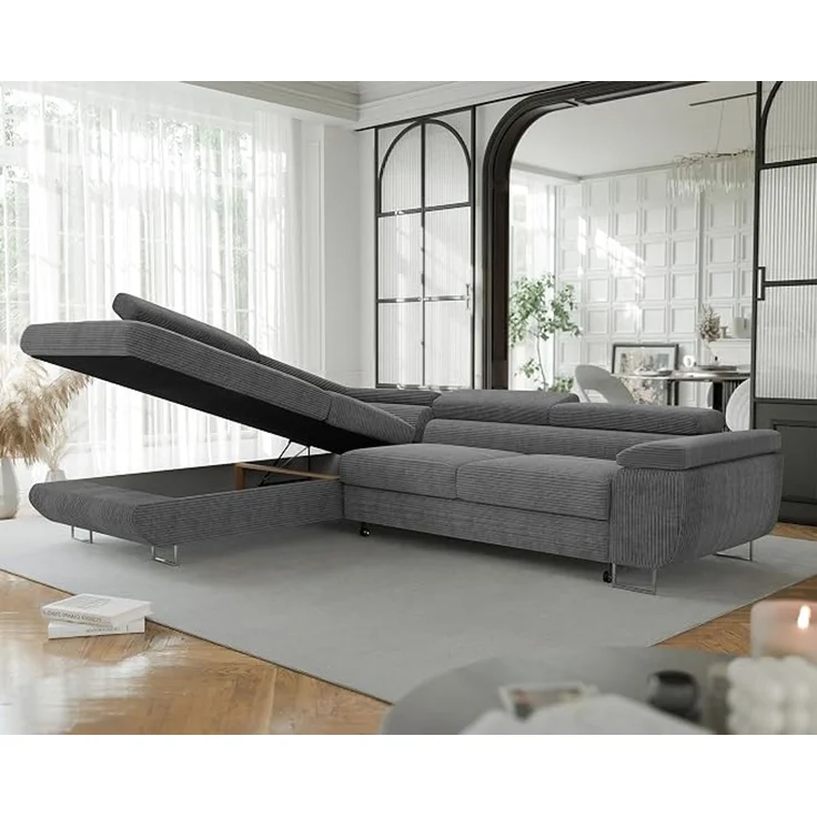 Idohome Eckschlafsofa (Ausrichtung links), mit Bettkasten, Schlaffunktion, komfortabler Sitzfläche und verstellbaren Kopfstützen, Dunkelgrau Cord, 274x203 cm – Bild 4