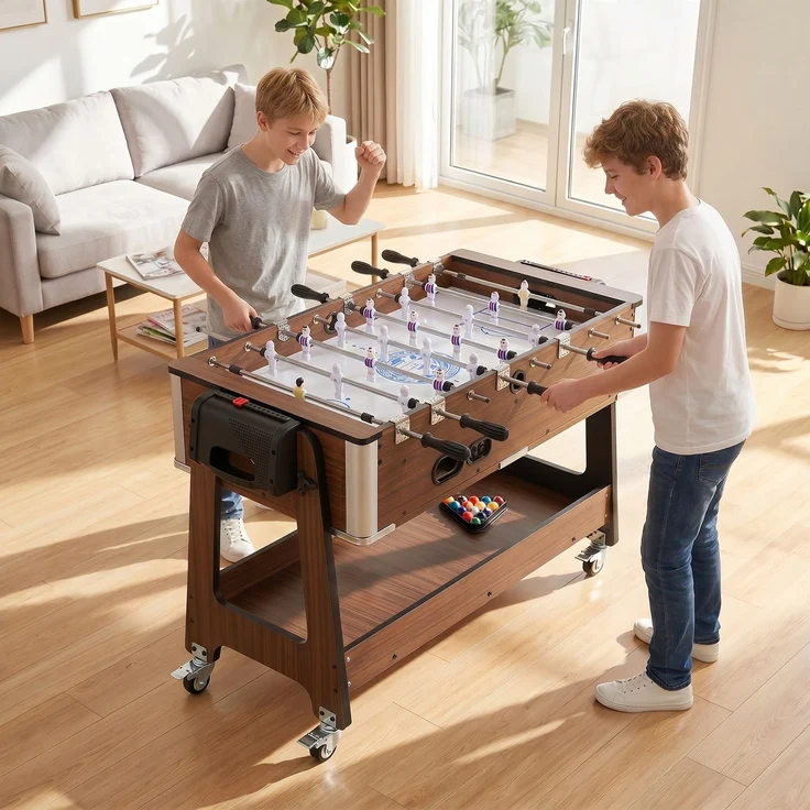 MELAYR, 3-in-1-Multispieltisch mit Rollen und Bremse, Aufbewahrungsregal, 102,5 x 61,5 x 65 cm, Nussbaum – Bild 6