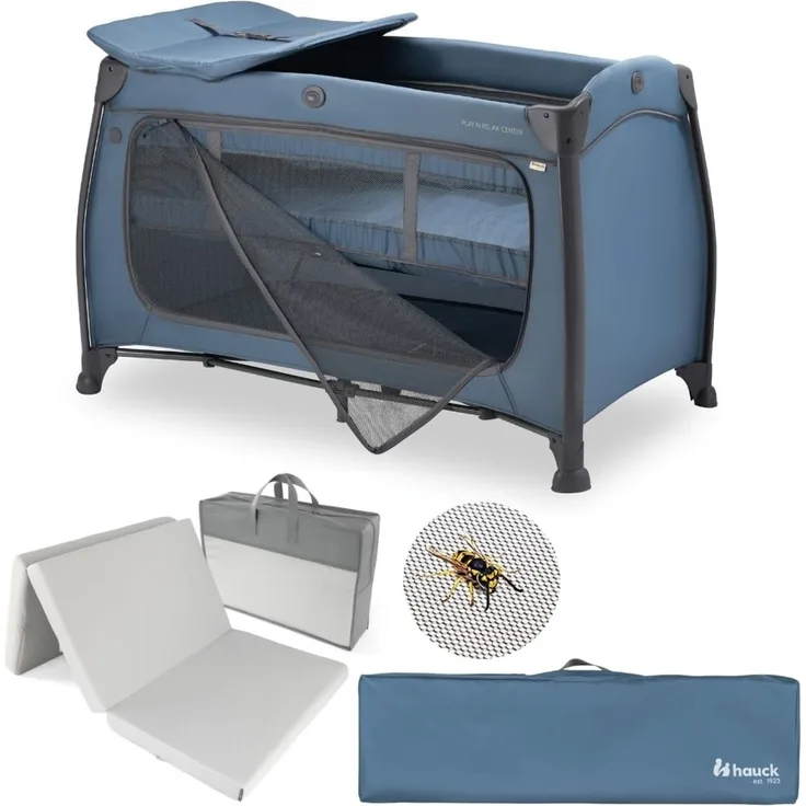 hauck Baby Reisebett Set Play N Relax Center inkl. Matratze & Insektenschutz | faltbares Kinder Reisebett mit Neugeboreneneinhang, Wickelauflage, Rollen, Seiteneingang & Transporttasche – Dark Blue