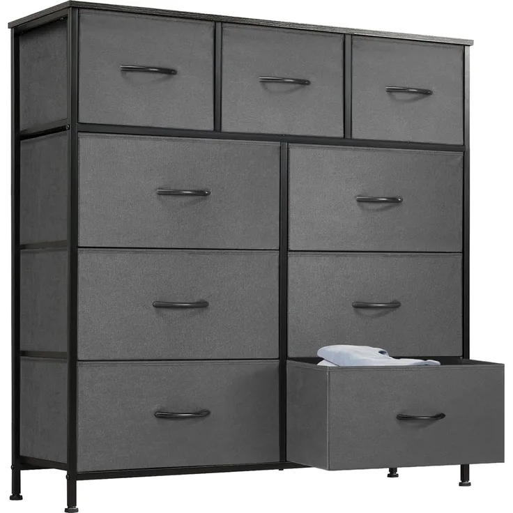 DUMOS Antonia Kommode für Schlafzimmer mit 9 Stoffschubladen, hohe Kommode Organizer für Kleidung, Schrank, Kinderzimmer, Aufbewahrungsturm mit Schrank, Metallrahmen, Holzplatte