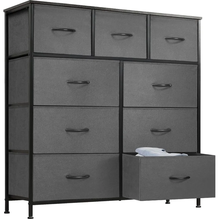 DUMOS Antonia Kommode für Schlafzimmer mit 9 Stoffschubladen, hohe Kommode Organizer für Kleidung, Schrank, Kinderzimmer, Aufbewahrungsturm mit Schrank, Metallrahmen, Holzplatte
