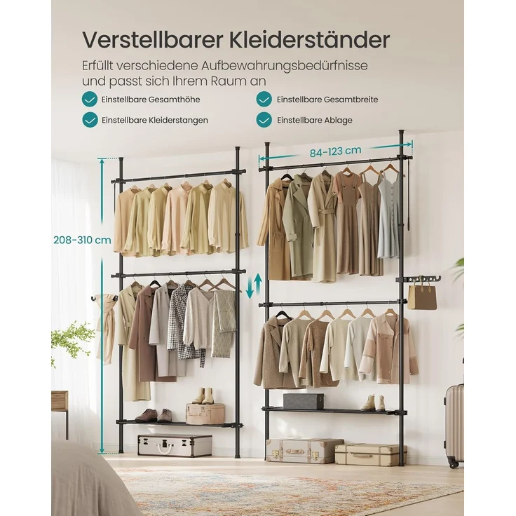 SONGMICS Teleskopstange Kleiderständer, 3-stufige Garderobe, höhen- und breitenverstellbar, offener Kleiderschrank mit 2 Kleiderstangen und abnehmbarer Ablage, Greifarm, mattschwarz HSR136B01 – Bild 3