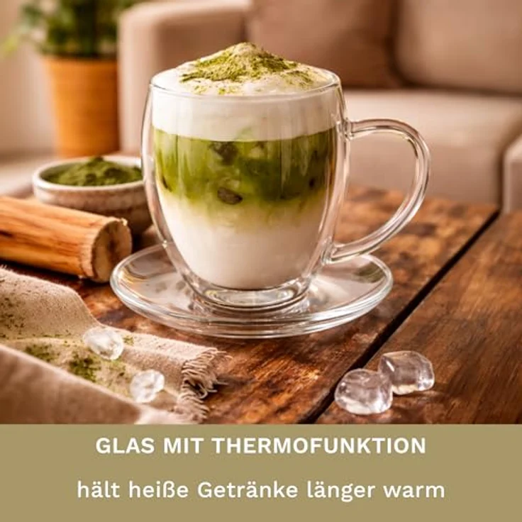 Creano Teeglas Creano 2er-Set Thermotasse, Extra Große doppelwandige Gläser mit Unter, Borosilikatglas, 2 Tassen mit Untertassen – Bild 5