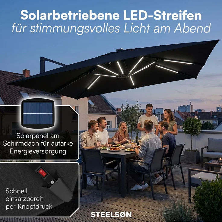STEELSØN 'Lyrion' Sonnenschirm LED Solar 300x300 cm quadratisch, neigbar und 360-Grad drehbar, schwarz, Ampelschirm inkl. Abdeckung, UV50+ – Bild 4