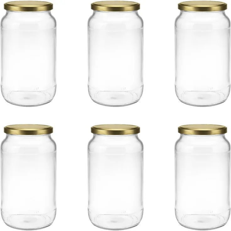 hocz 6x Einmachgläser 1 Liter | mit Deckel Gold TO 82 | leere Gläser mit Schraubdeckel zum befüllen 1 L | 1000 ml Sturzgläser, Schraubgläser, Marmeladengläser Set | 6 Stück