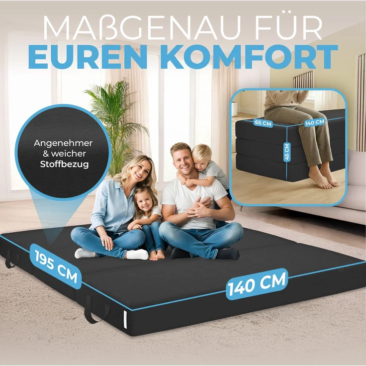 Klappmatratze 90x200 cm, 75x195 cm, Bestschlaf, 15 cm hoch, waschbar, versch. Größen & Farben, geeignet für Hausstauballergiker – Bild 2