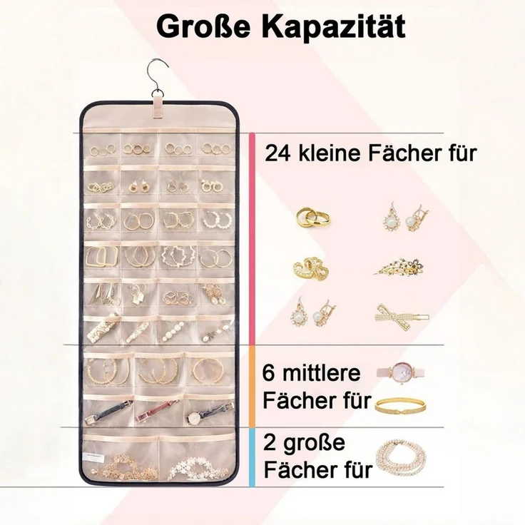 Mutig Schmuckständer Schmuck Organizer zum Aufhängen, Doppelseitige Schmuckaufbewahrung (Fächer und Taschen, Metallhaken, Schmuckhalter für Ohrringe, Halsketten, Ringe, Armbänder), Aufbewahrung an Schrank, Tür, Wand – Bild 3