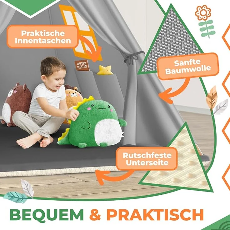 KIDIZ® Tipi Zelt für Kinder Spielzelt 100 x 100 x 160 cm Kinderzelt aus Baumwolle mit LED-Lichterkette, Leuchtstern, Fahnengirlande, 3 Plüschtiere, Untermatte & Tragetasche Spielhaus für drinnen & draußen Grau – Bild 5