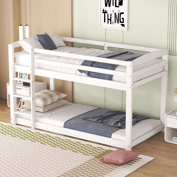 Kinder Etagenbett 90x200 cm,Platzsparendes Holz-Etagenbett mit Leiter und Sicherheitsgeländer,Jugendbett,Weiß – Bild 3