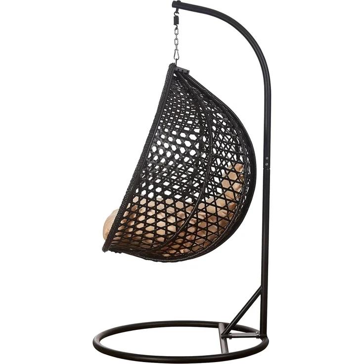 Luxus Hängesessel Style XXL Rattan Korb Gestell Schwarz mit Relaxkissen Beige – Bild 3