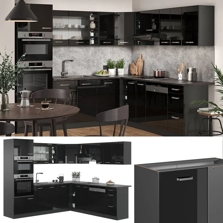 Eckküche R-Line Schwarz Hochglanz/Anthrazit 247 x 60 cm , AP Eiche Vicco – Bild 1