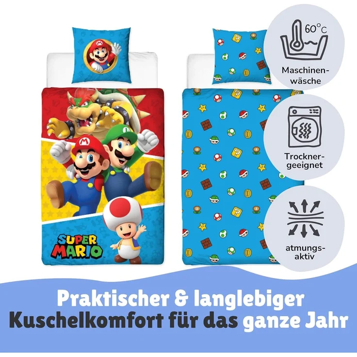 Nintendo Super Mario Bettwäsche für Jungen 135x200 + 80x80 cm Motiv Friends Luigi aus 100% Baumwolle – Bild 6