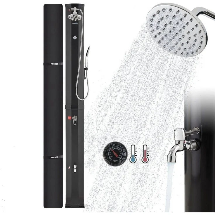 Arebos Solardusche 60 L Solar-Gartendusche mit Handbrause, Thermometer & Fußdusche (Komplett-Set, Schwarz), inkl. Abdeckhaube – Bild 1