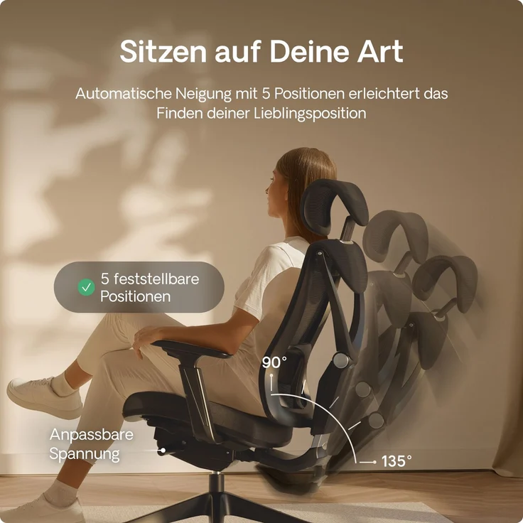 Desktronic Bürostuhl Verstellbarer Ergonomischer SitPro, Schwarz 3-Dimensional Armlehne, Integrierte 5-Wege-Lendenwirbelstütze – Bild 8
