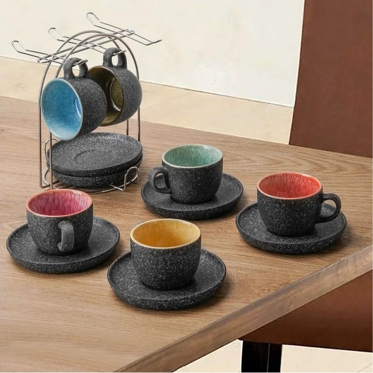 MiaMio Espressotasse Espressotassen Set 6 teilig mit Untertassen & Ständer (6x80 ml), Keramik – Bild 2