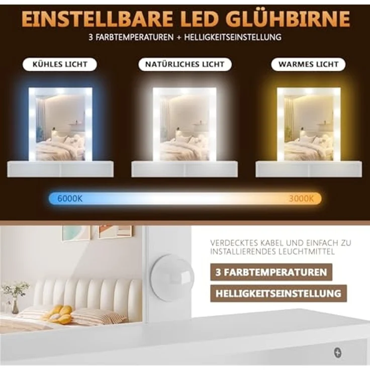 JUMMICO Schminktisch mit LED Beleuchtung und Spiegel, Einstellbare Helligkeit und Farbtemperatur, Kosmetiktisch mit 9 LED Glühbirne, Weiß – Bild 3