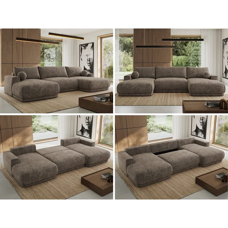 XXL Wohnlandschaft RINA U-Form 360 cm breit, Sofa mit Schlaffunktion & DL-Mechanismus, Wellenfederung, modern freistehend - Braun Schenille grob gewebt – Bild 2