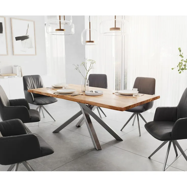 Esstisch Edge 200x100 Akazie Natur Kreuzgestell Rechteck Edelstahl Live-Edge
