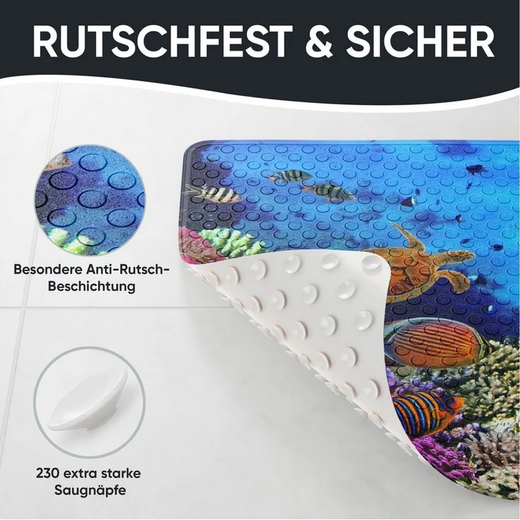 Sanilo Duschmatte, mit Motiv, rutschfest, waschbar, quadratisch, 230 extra starke Saugnäpfe, Kunststoff PVC, 53 x 53 cm, Ocean – Bild 3