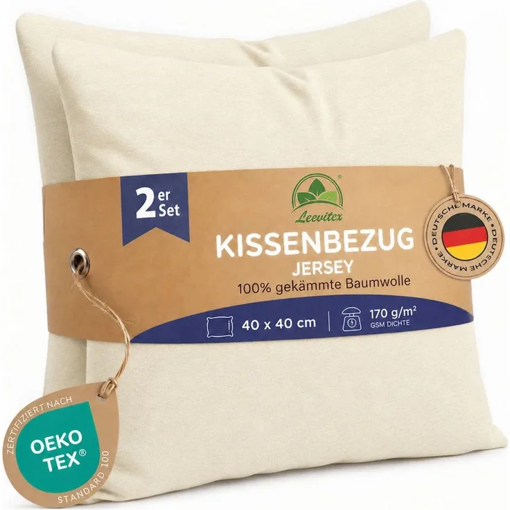 leevitex® Kissenbezüge Kissenbezug 40 x 40 cm, 2er Set, Creme/Naturweiß, (2 Stück), feine Jersey-Qualität, 100% Baumwolle, robuster Reißverschluss