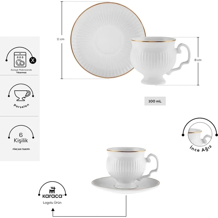 Karaca Kaffeeservice Malta 6 Personen Kaffeetassen-Set 100 ml - Stilvolle Porzellan – Bild 2