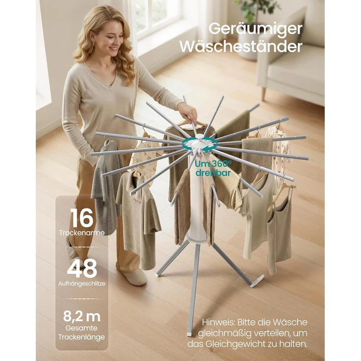 SONGMICS Wäscheständer klappbar, Ständer ausziehbar, platzsparend, drehbar, Balkon Waschküche, Aluminiumlegierungsarme, silbern – Bild 3
