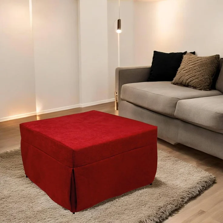 Dmora In ein Bett umwandelbarer Pouf, aus gepolstertem Stoff, inklusive Netz und Matratze, cm 75x75h42 cm, Farbe Rot – Bild 2