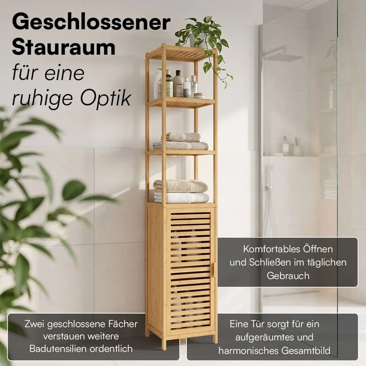Bellamio 'Newa' Badezimmer Hochschrank, Bambus, natur, 165x33x33 cm, Badezimmerschrank mit 5 Ablagefächern – Bild 4