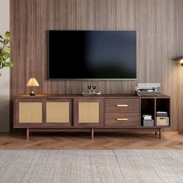 TV Schrank Lowboard 190x40 cm Braun Spanplatte Rattan Türen 3 Türen 2 Schubladen halboffen Wohnzimmer Board – Bild 5