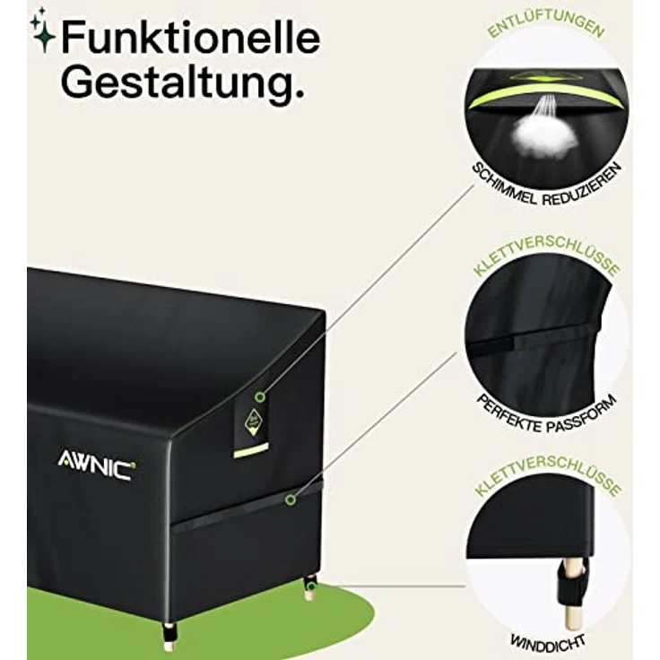 Awnic Gartenbank Abdeckung Hülle für Schutzhülle Abdeckplane Gartenbank Wasserdicht 420D Polyester 3 Sitzer 175 x 85 x 65 cm – Bild 6