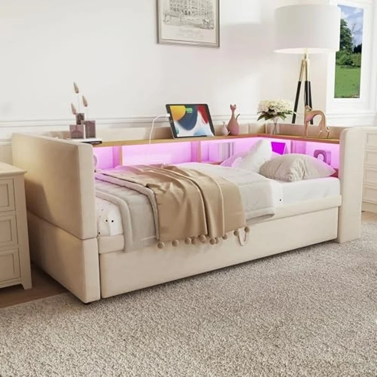 Ball & Cast Polsterbett Ausziehbares Schlafsofa 90/180 * 190cm, ausgestattet mit LED Leuchten, Steckdosen und vielen Ablagefächern, Polsterbett, Multifunktionsschlafsofa, Einzelbett, Beige – Bild 4