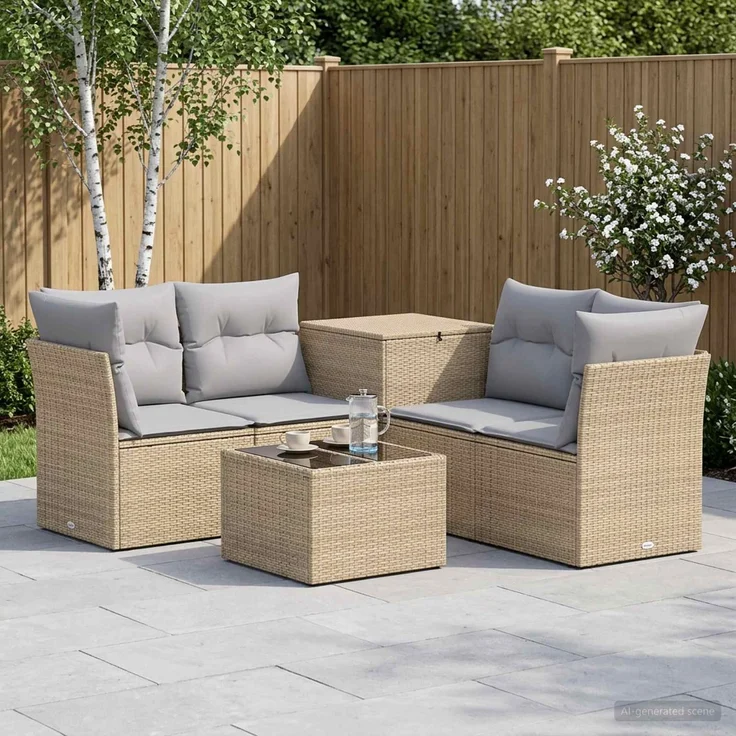 vidaXL Sofa Set, 6-teilig, Garten, Polyrattan und Stahl, Beige und Hellgrau – Bild 1