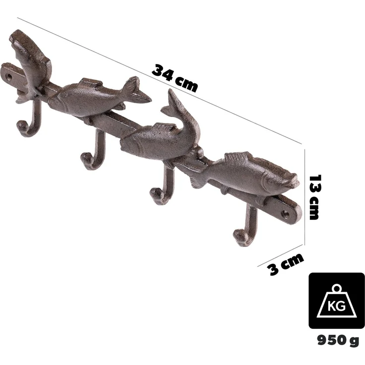 KADAX Fische Hakenleiste aus Gusseisen 34 x 13 cm, maritime Wandgarderobe mit 4 Haken, Wandhaken, Garderobenleiste zur Wandmontage, Kleiderhaken für Flur (Braun) – Bild 3