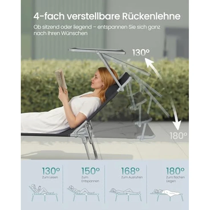 Sonnenliege, klappbarer Liegestuhl, 193 x 53 x 29 cm, max. Belastbarkeit 150 kg, mit Sonnenschutz, Kopfstütze und Verstellbarer Rückenlehne, für Garten, Pool, Terrasse, Schwarz, 1 Liege – Bild 6
