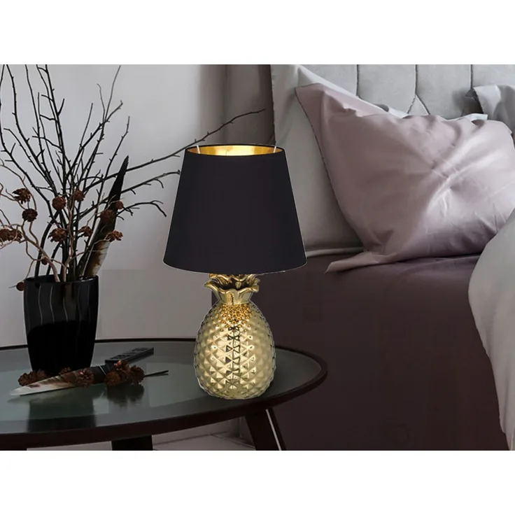 LED Tischleuchte Keramik Ananas Gold mit Stoffschirm Schwarz Gold, Höhe 43cm