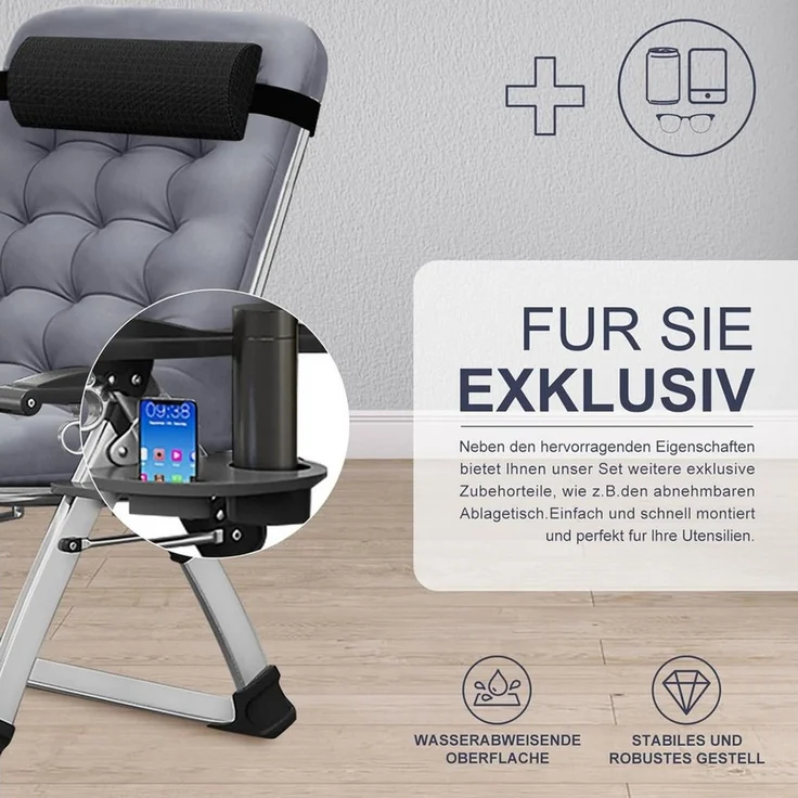Meulbaty Klappstuhl Klappbar Gartenliege mit Polster Seitentasche, 150 kg Traglast, mit einem dickeren Rahmen und hochwertigen Materialien – Bild 4