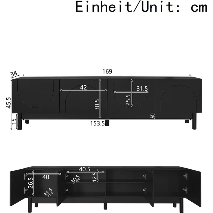 TV-Schrank Lowboard mit gewölbten Türen, schwarz, 169x35x45,5 cm – Bild 10