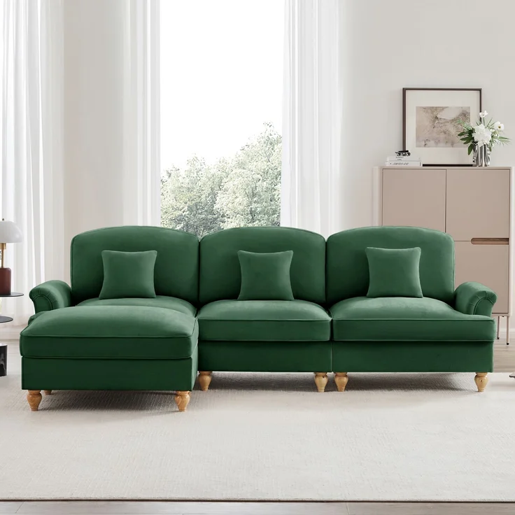 Modulares Mid-Century L-förmiges 3-Sitzer Sofa, Chenille, Trichter-Armlehnen, abnehmbare Rüschenschürze, spindelförmige Beine, beweglicher Hocker, tiefer Sitzkomfort fürs Wohnzimmer, Grün – Bild 4