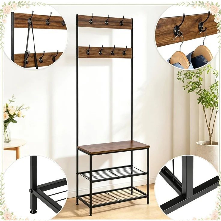 Garderobenständer 60 x 30 x 170 cm mit Schuhbank, 7 Doppelhaken und 2 Schuhablagen – Bild 5