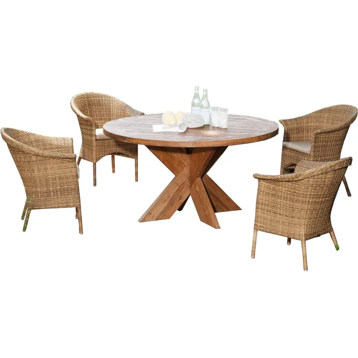 Sonnenpartner 5-teilige Sitzgruppe Cayman & Quantum Ø 120 cm Polyrattan natura-antik Teakholz Garten