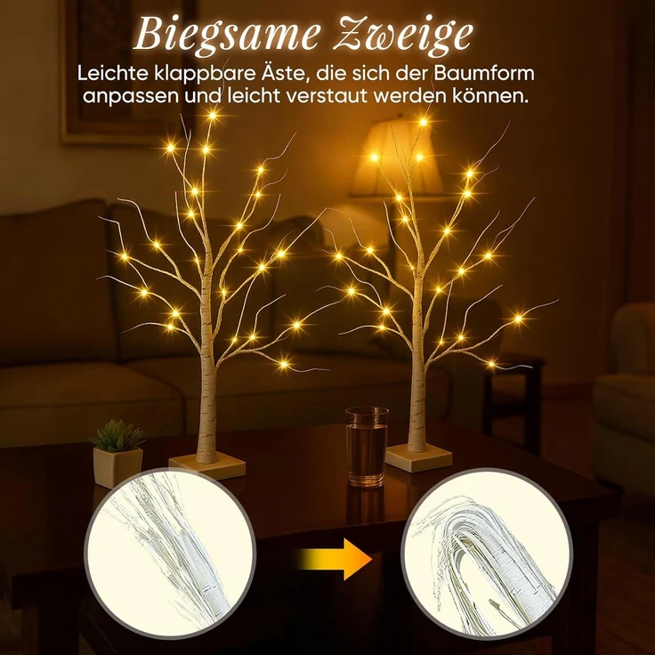Salcar LED-Lichterkette LED Baum Lichter Warmweiß Weihnachten LED Birkenbaum, 2PCS 60cm LED Lichterbaum Innen mit 24 LEDs Licht – Bild 3