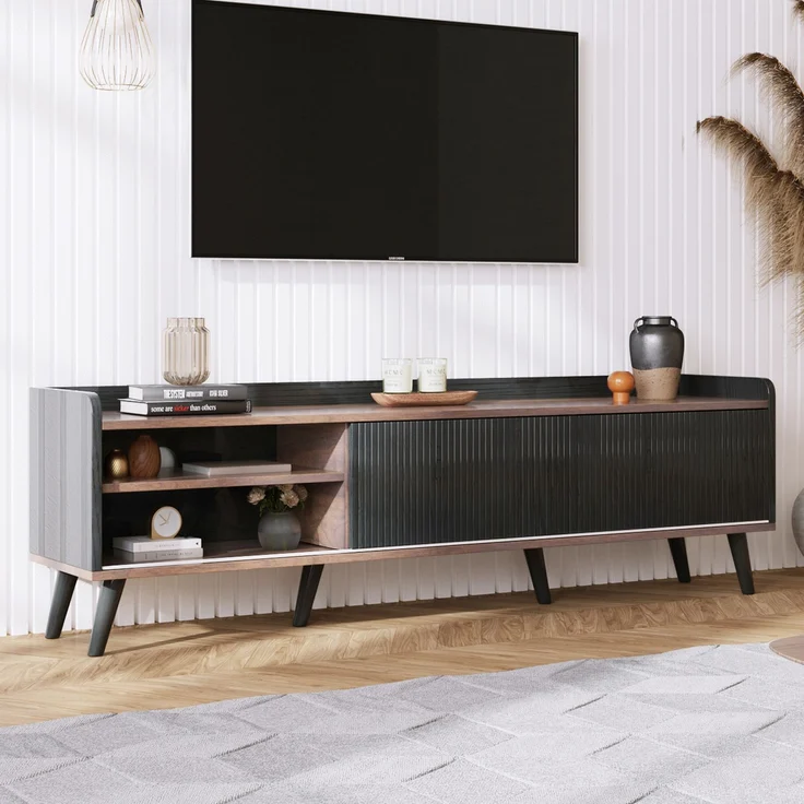 TV-Ständer 160 cm Schwarz & Holz, Sideboard mit gestreiften Schiebetüren, zwei Schubladen, Massivholzbeine – Bild 3