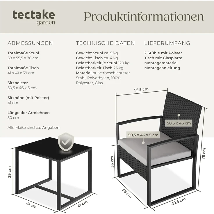 tectake® Rattan Sitzgruppe 2X Sessel mit Tisch, Balkon Möbel Set, Gartenmöbel, Balkonmöbel, Lounge klein, Stühle mit Polster inkl. Gartentisch Outdoor, wetterfest – Bild 6