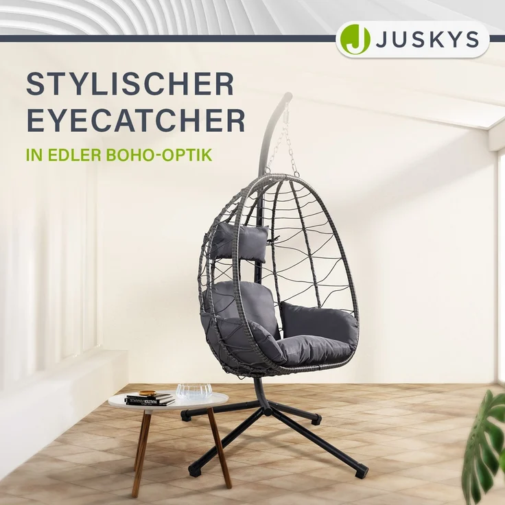 Juskys 'Aria' Hängesessel mit Kissen, höhenverstellbar & faltbar, Polyrattan dunkelgrau, bis 130 kg belastbar – Bild 7
