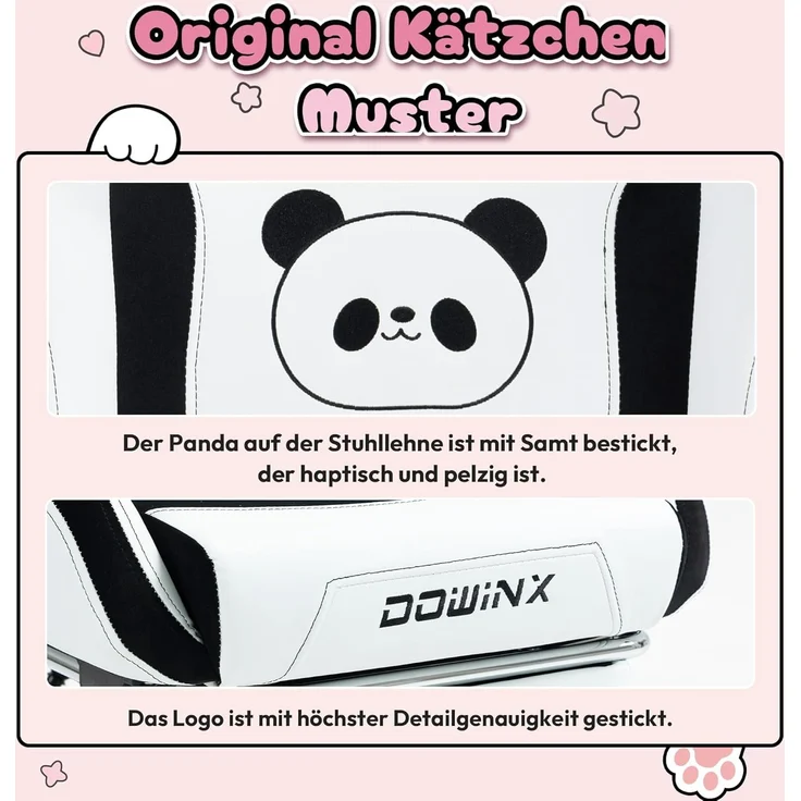 Dowinx Gaming Stuhl - Süße Panda Edition - Ergonomischer Computerstuhl mit Hoher Rückenlehne und Lendenwirbelstütze, PU-Leder, Fußstütze, Panda – Bild 6