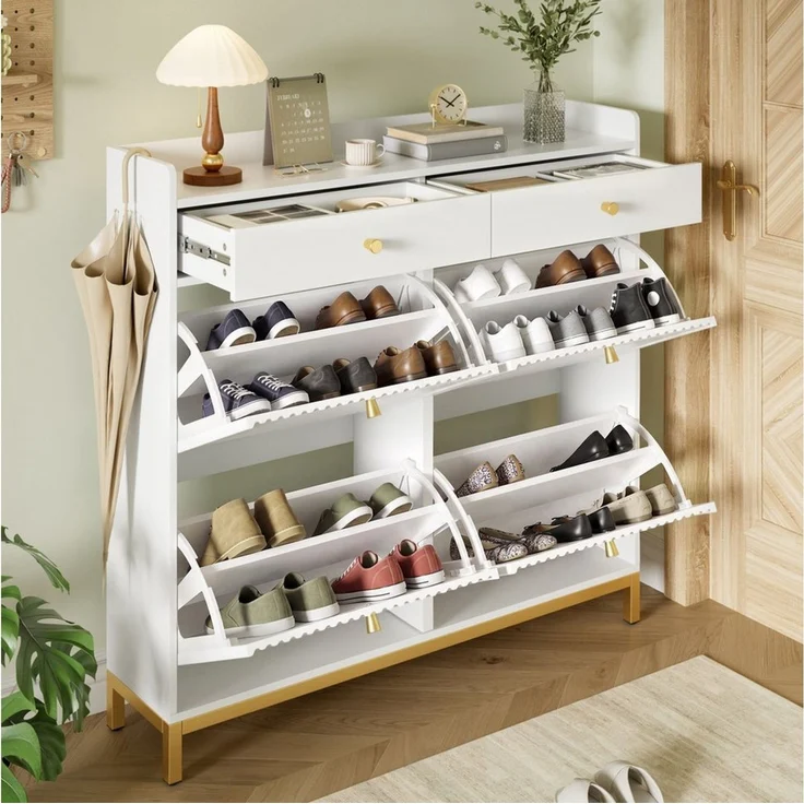 Flieks Schuhschrank Schuhkommode mit 4 Klappen und verstellbaren Einlegeböden (für ca. 16 Paar Schuhe, mit Metallgriffen und Metallfüßen, 1-St, B106,5×H107×T25 cm) Schuhkipper Schuhregal mit Arbeitsplatte, Schubladen Flurschrank Weiß – Bild 2