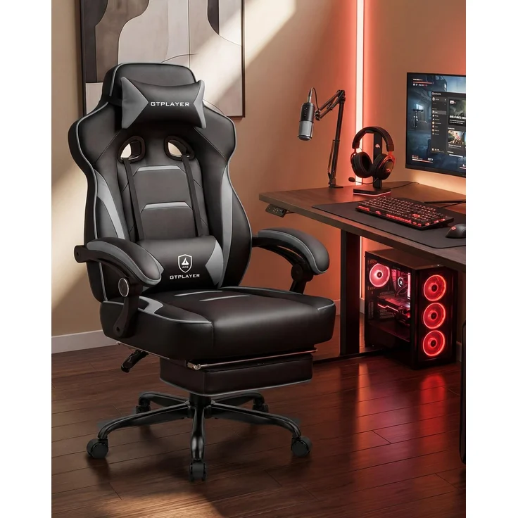 GTPLAYER Gaming Stuhl mit Fußstütze, Ergonomischer Bürostuhl 180kg, Schwerlast Gaming Sessel mit Lendenwirbelstütze und Kopfstütze, Höhenverstellbarer Computerstuhl, Gepolstert, neigbare 155°, GRAU – Bild 6