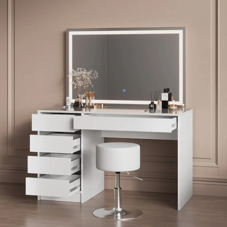 Livinity® Schminktisch Imola, Weiß, mit LED-Spiegel und Hocker (3-St) – Bild 6
