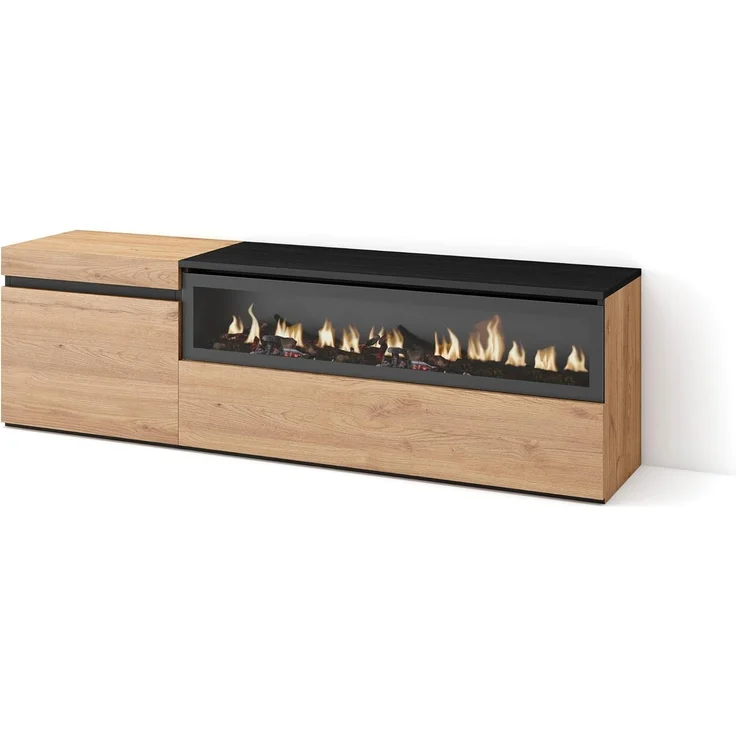 Skraut Home | TV-Schrank, Lowboard | für Wohnzimmer und Esszimmer | 150 x 45 x 35 cm | Für TV-Geräte bis zu 65" | Elektrokamin. Maße | Moderner Stil | Eiche Schwarz – Bild 1